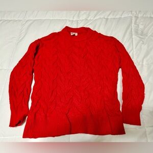 Red crew neck cable knit sweater
